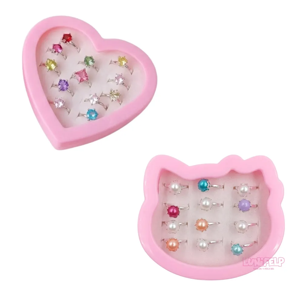 Set de Anillos Infantiles Brillantes con Estuche de Corazón