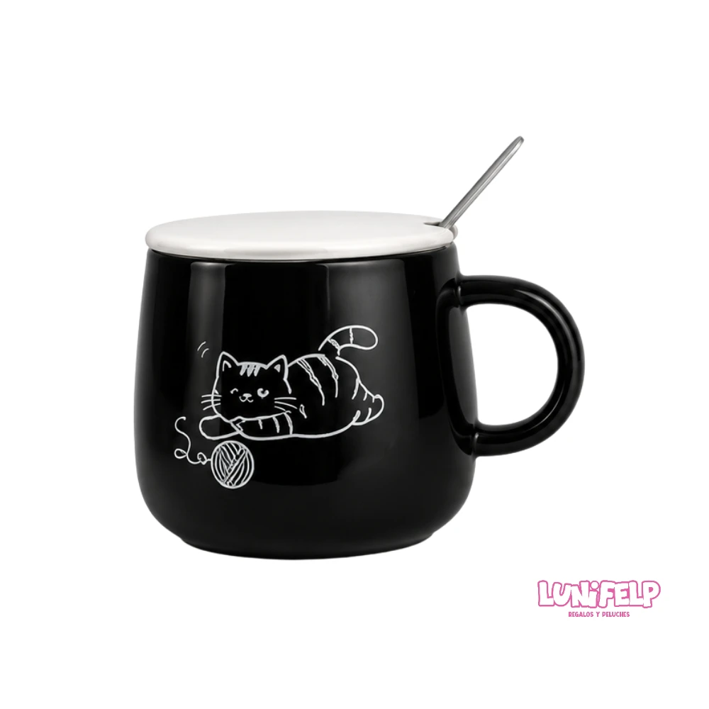 Mug Cerámica Gatos Minimalista con Tapa y Cuchara - Imagen 3