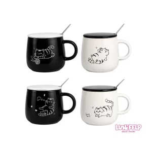 Mug Cerámica Gatos Minimalista con Tapa y Cuchara
