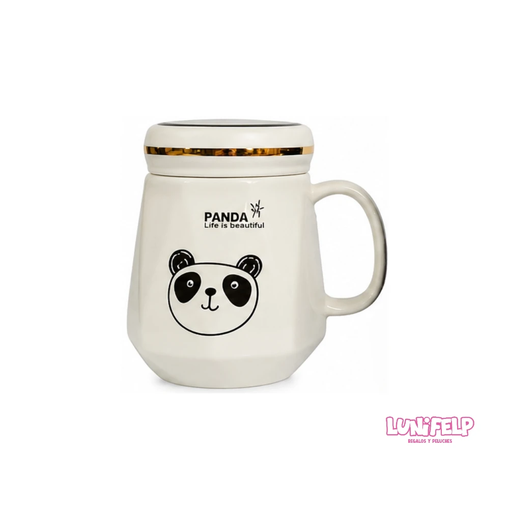 Mug Cerámica Panda con Tapa Espejo y Borde Dorado - Imagen 5