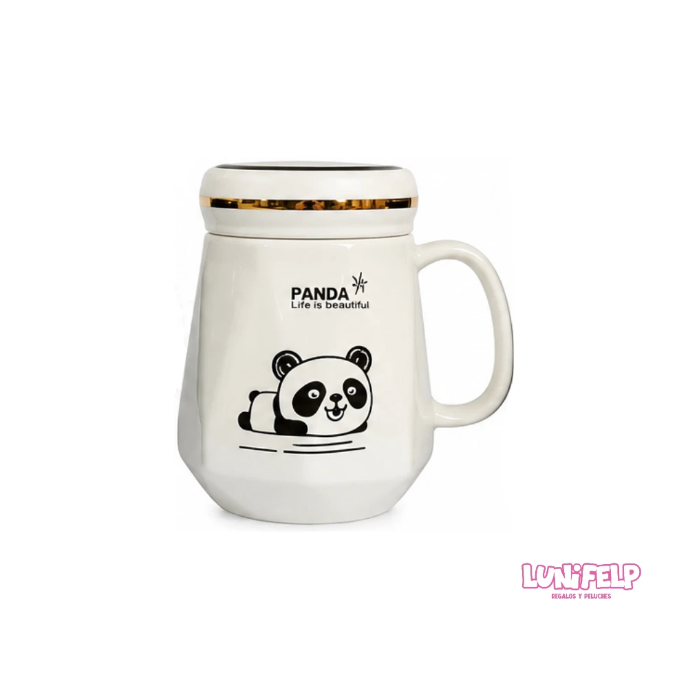 Mug Cerámica Panda con Tapa Espejo y Borde Dorado - Imagen 4