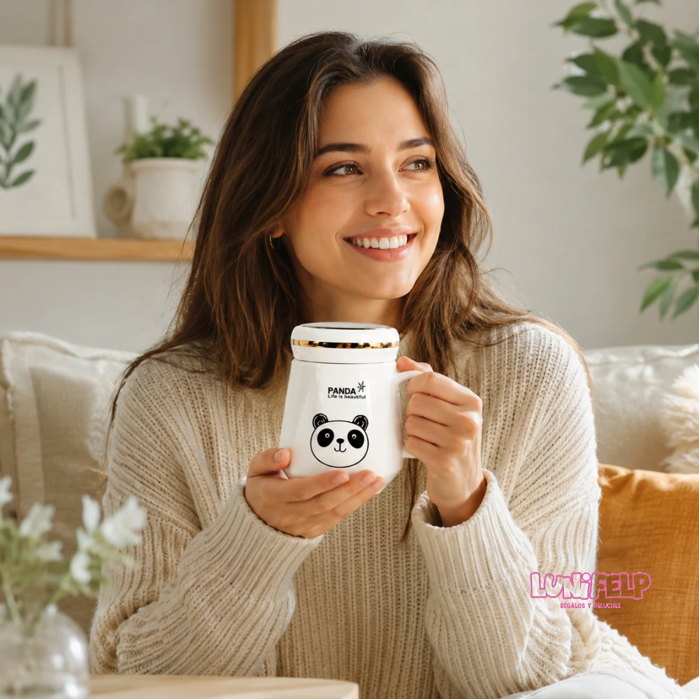 Mug Cerámica Panda con Tapa Espejo y Borde Dorado - Imagen 3