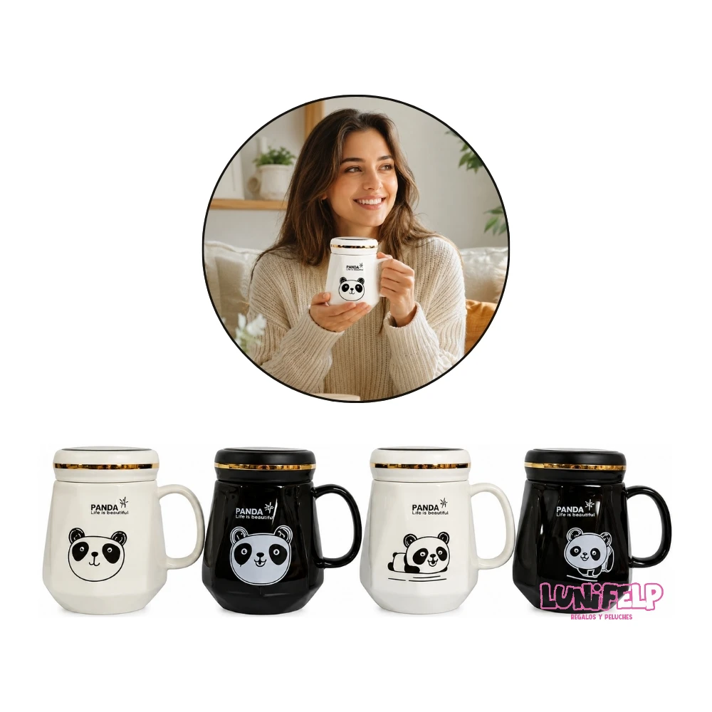 Mug Cerámica Panda con Tapa Espejo y Borde Dorado - Imagen 2