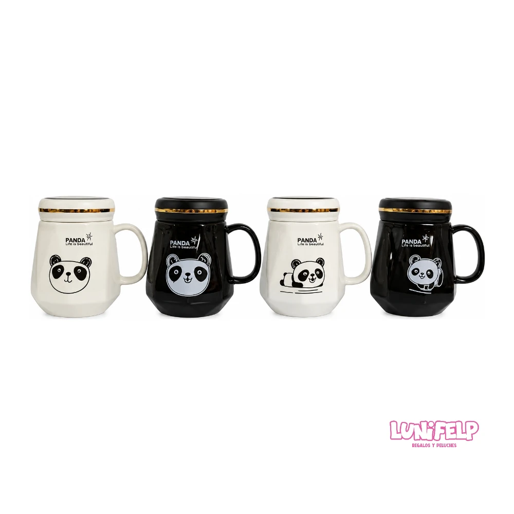 Mug Cerámica Panda con Tapa Espejo y Borde Dorado