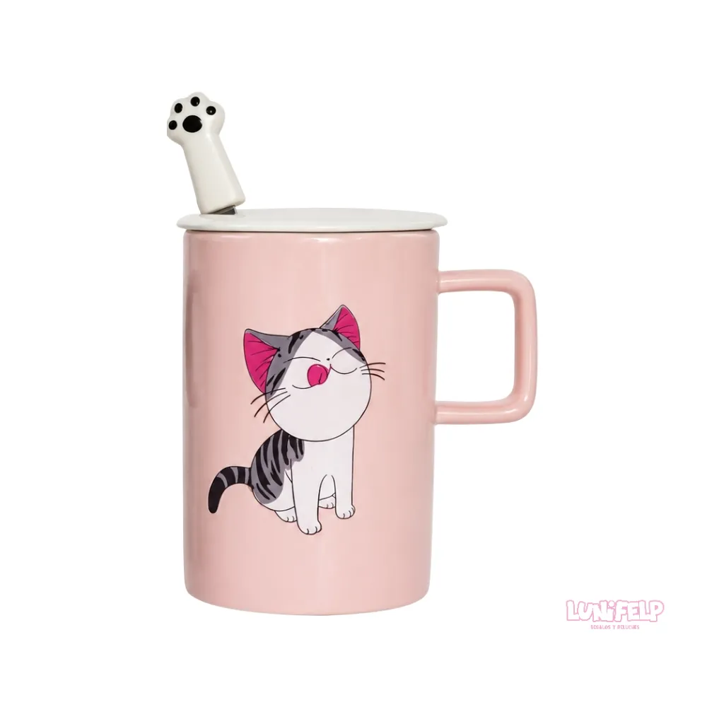 Taza de Cerámica con Tapa y Cuchara de Gato - Imagen 4