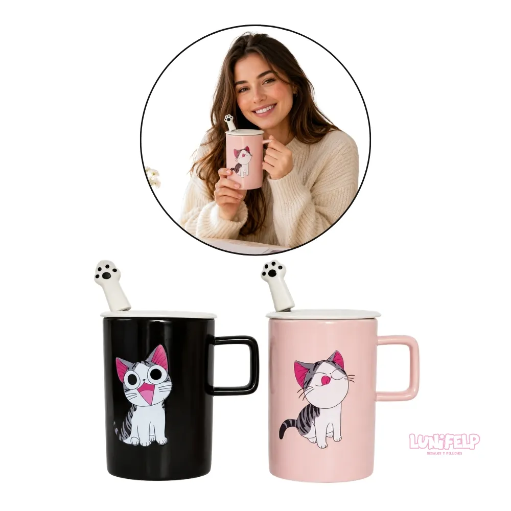 Taza de Cerámica con Tapa y Cuchara de Gato - Imagen 2