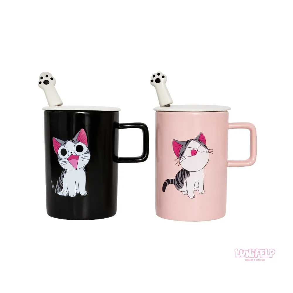 Taza de Cerámica con Tapa y Cuchara de Gato