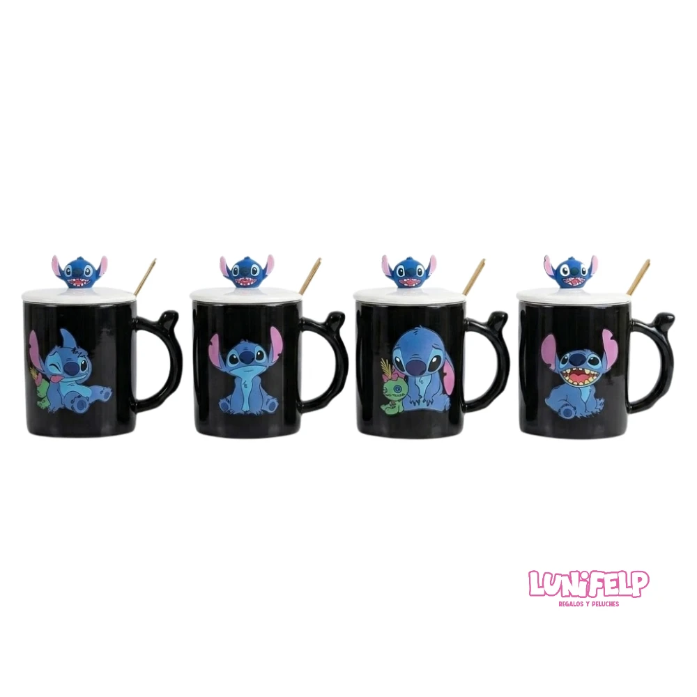 Mug Cerámica Stitch Negro con Tapa 3D y Cuchara
