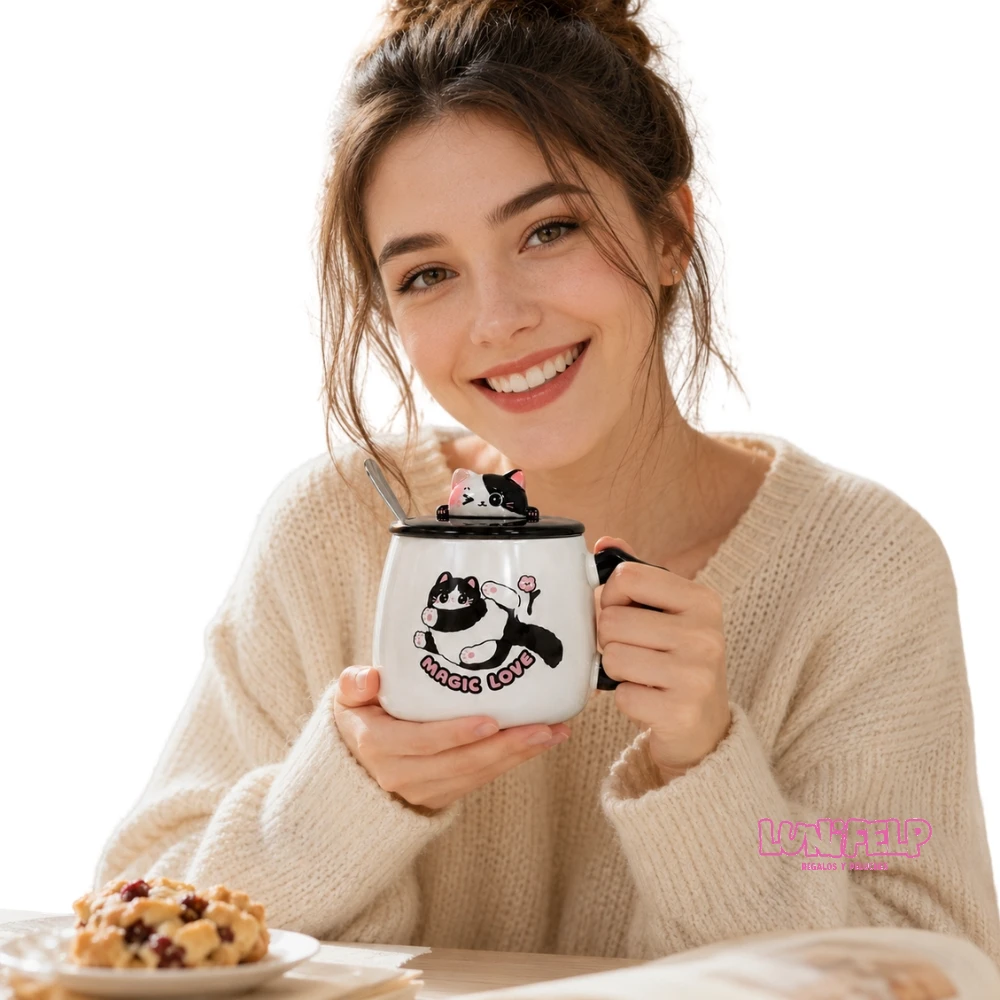 Mug de Cerámica Gato Kawaii con Tapa 3D y Cuchara - Imagen 4