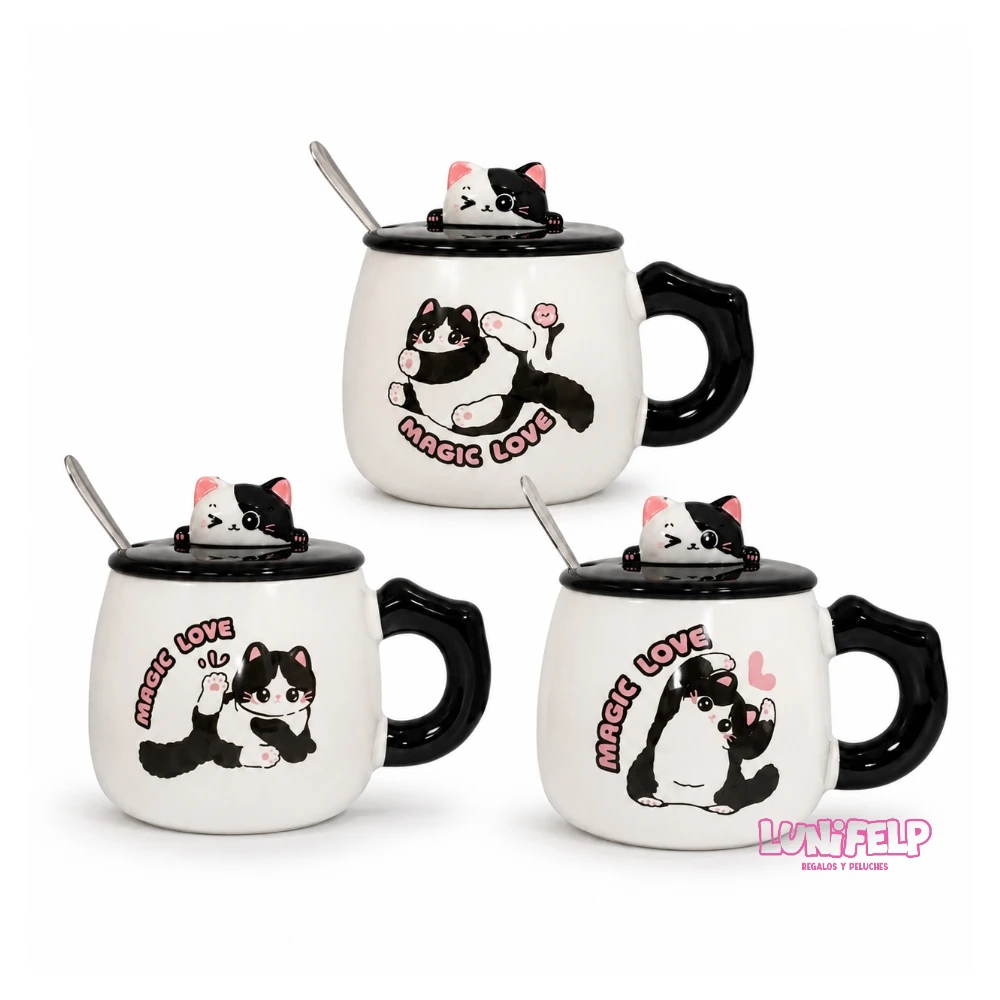 Mug de Cerámica Gato Kawaii con Tapa 3D y Cuchara