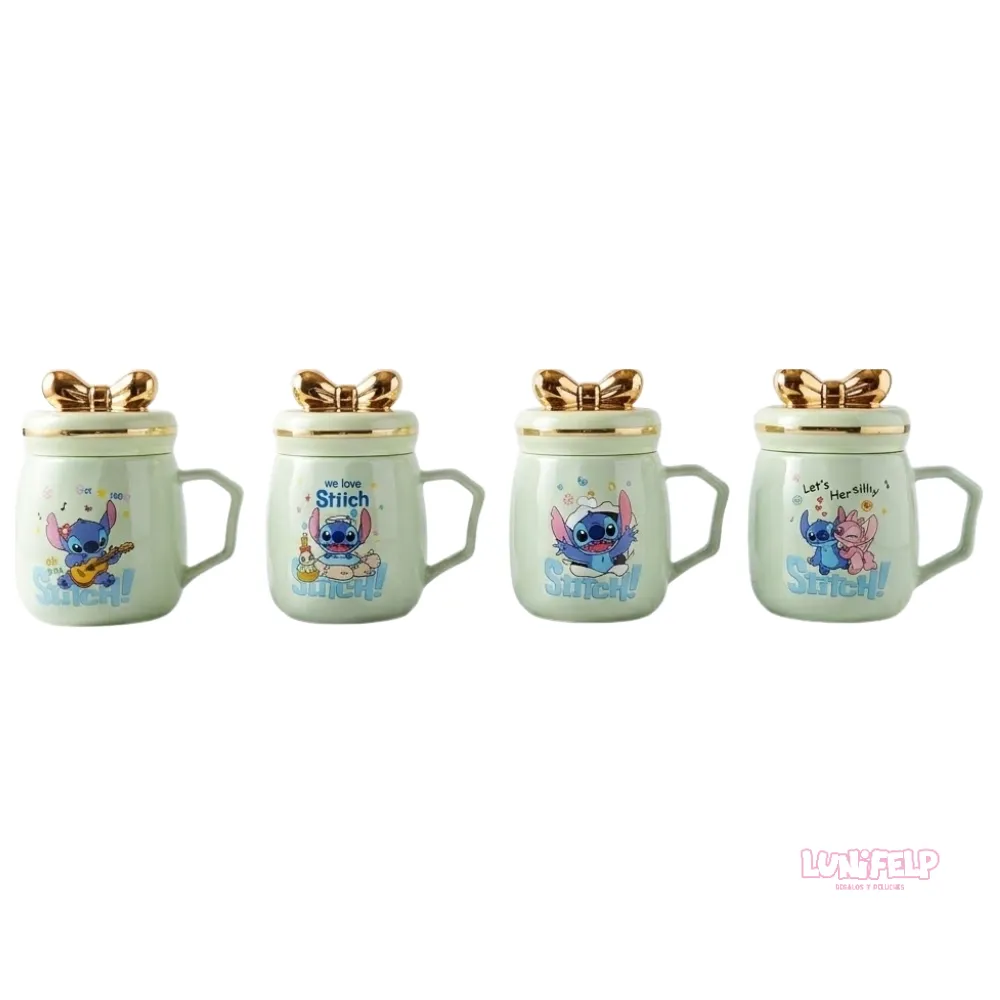 Taza de Stitch con Tapa de Moño Dorado