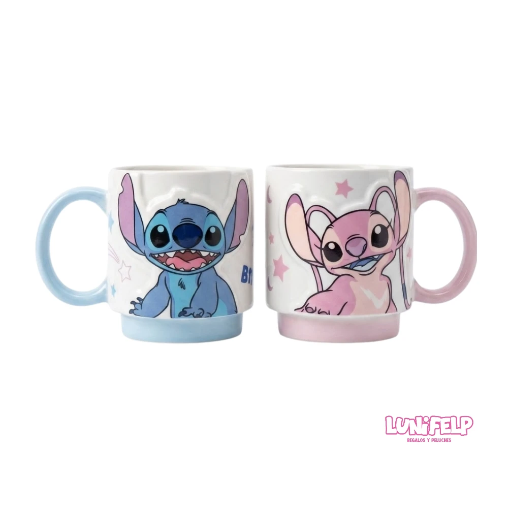 Set x2 Mugs Cerámica Stitch y Angel en Relieve 3D