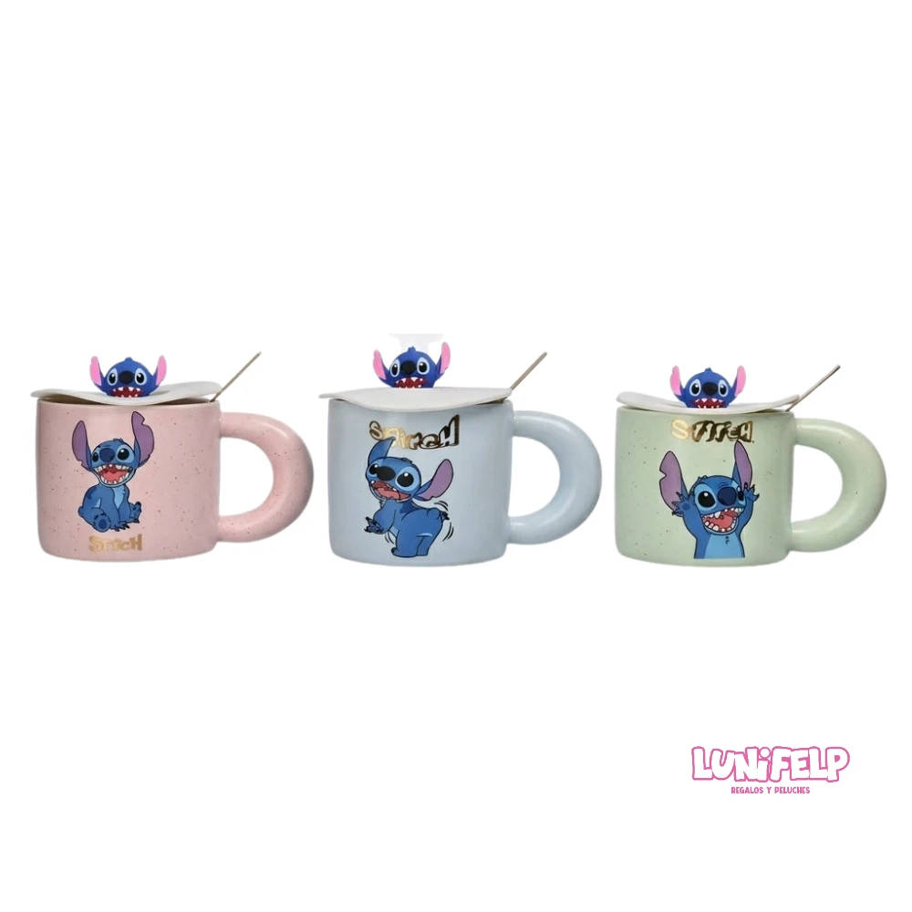 Mug de Cerámica Stitch con Asa Gruesa y Tapa de Goma 3D