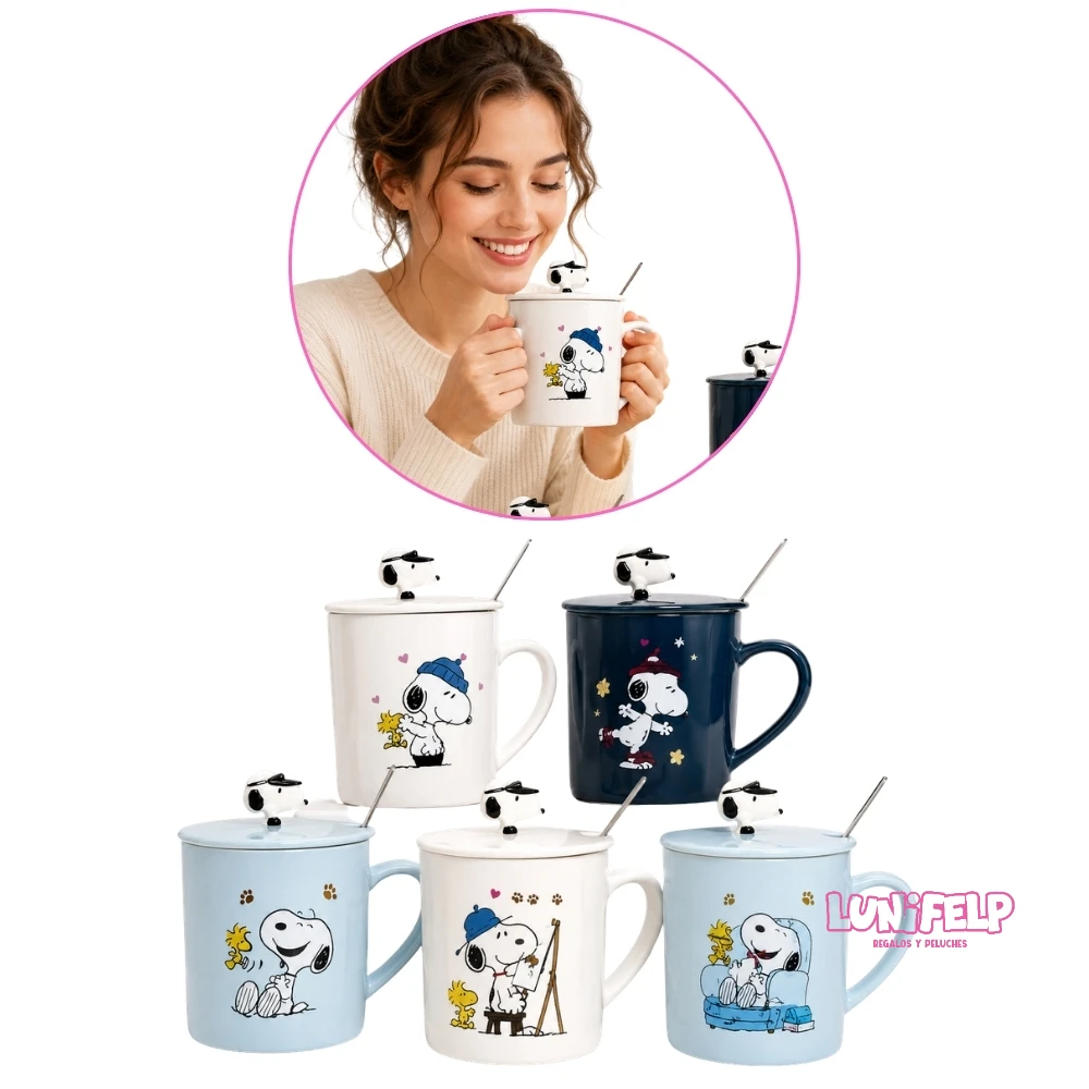 Pocillo cerámico Snoopy Tapa y Cuchara para regalo - Imagen 3