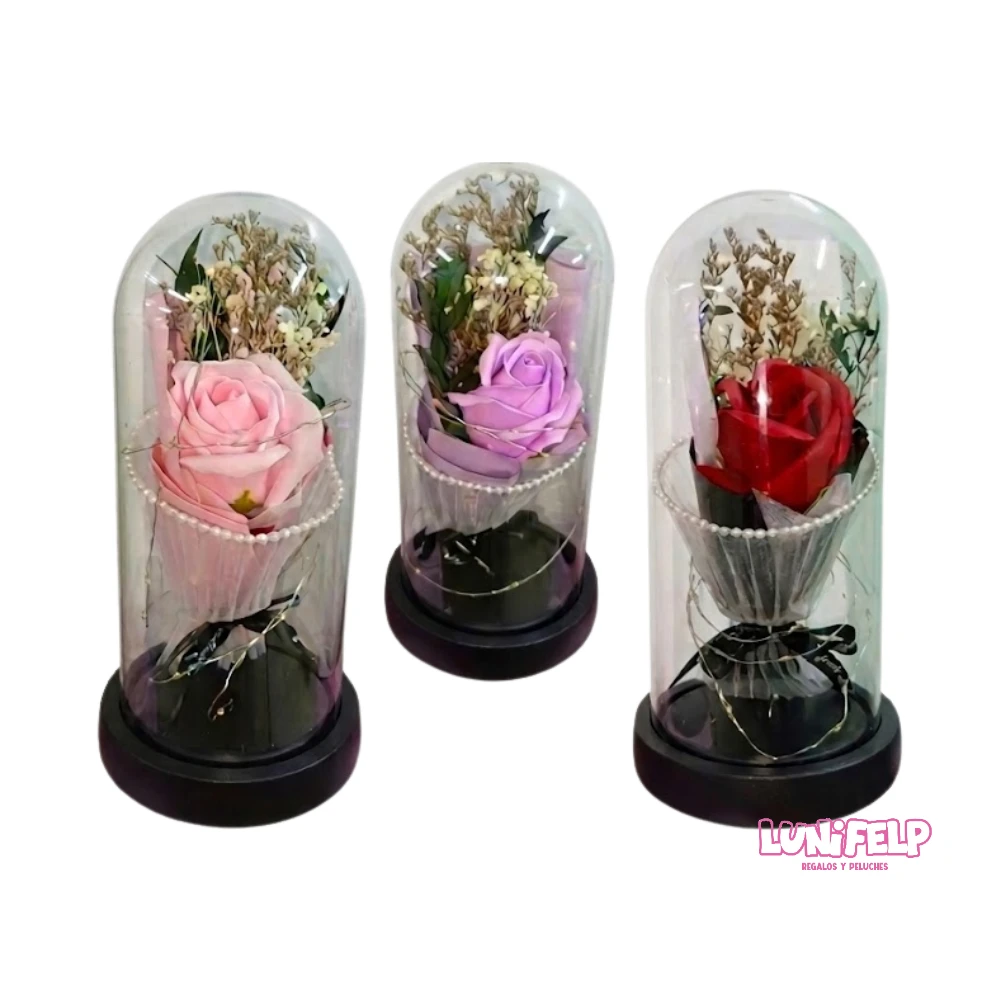 Cúpula de Cristal con Rosa Estilo Bouquet y Luces LED 21cm