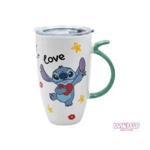 Mug Alto Viajero de Cerámica Stitch con Tapa