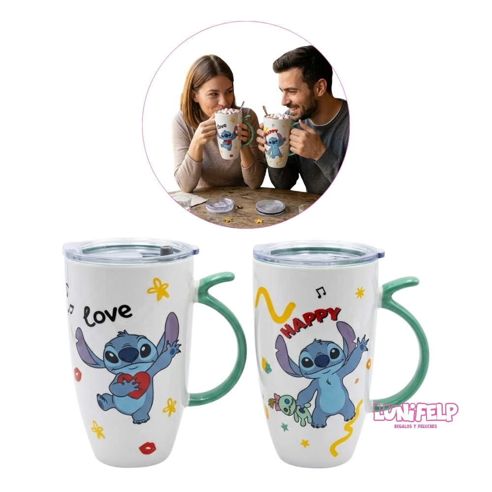 Mug Alto Viajero de Cerámica Stitch con Tapa - Imagen 3