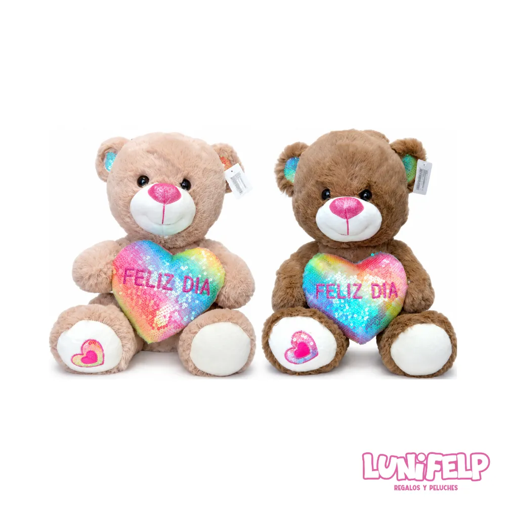 Peluche Oso "Feliz Día" con Corazón Brillante 35 cm