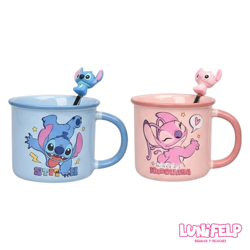 Mug de Stitch o Ángel de Cerámica con Cuchara 3D 350ml