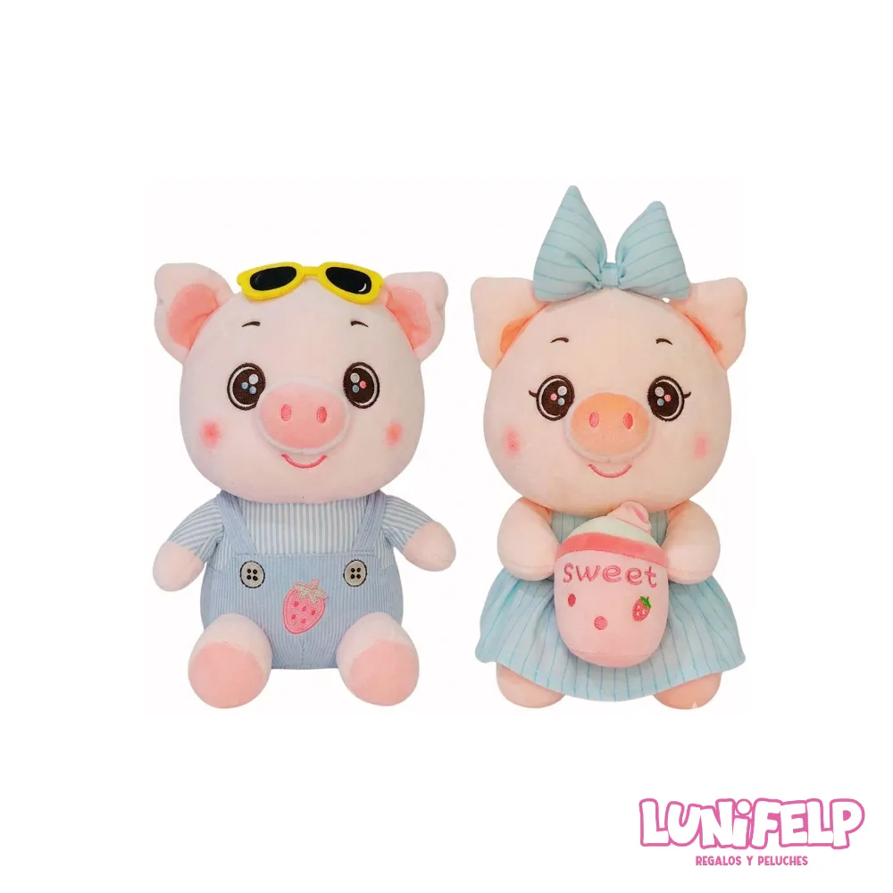 Peluche Cerdo con Overol y Vestido 21 cm