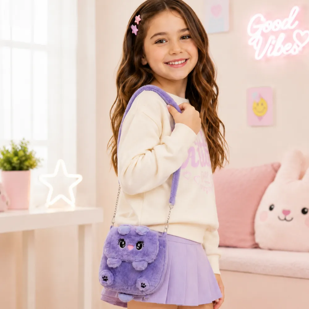 Bolso Bandolera de Peluche Diseño Gato Kawaii para Niñas con Cadena - Imagen 4