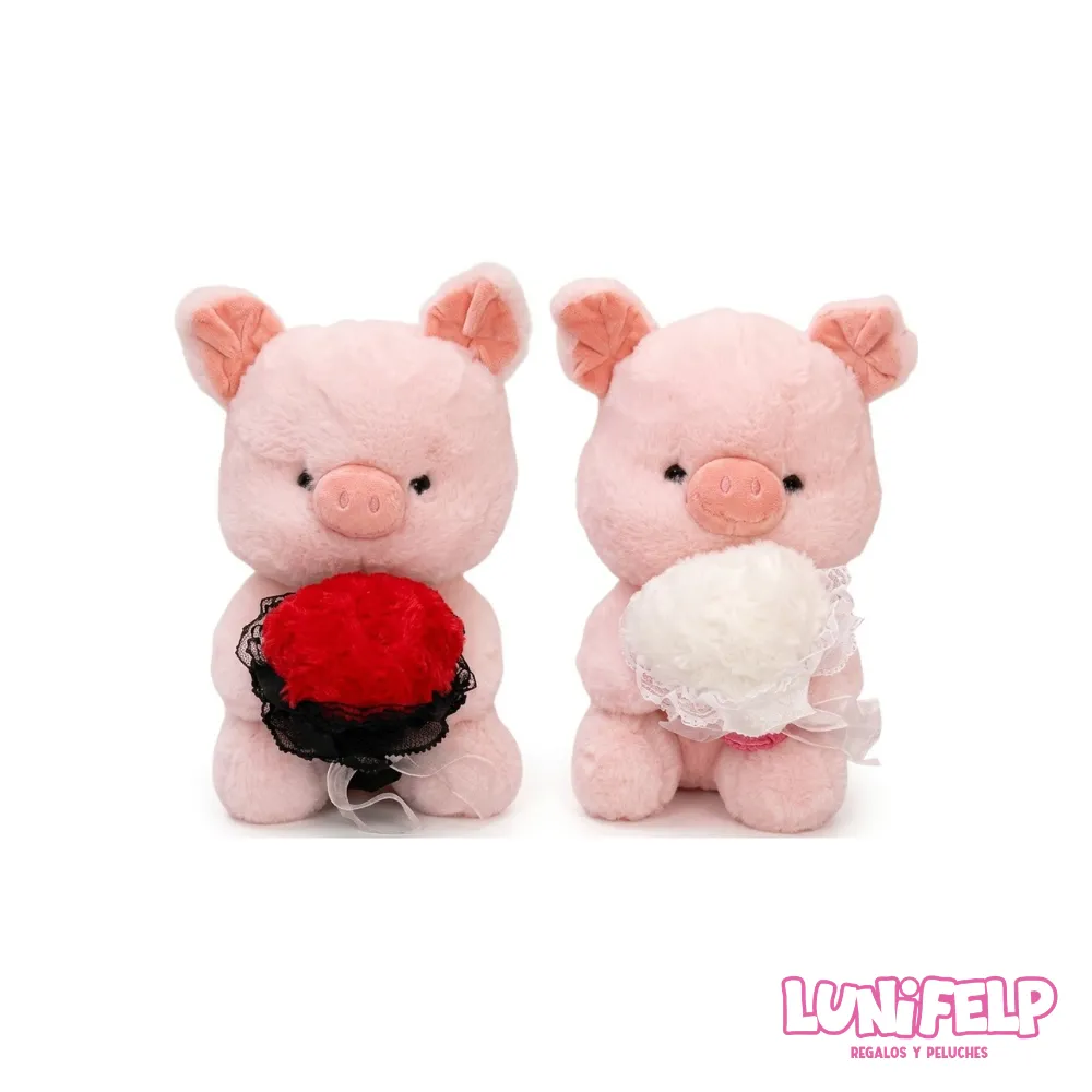Cerdito de Peluche con Ramo de Flores - 30 cm