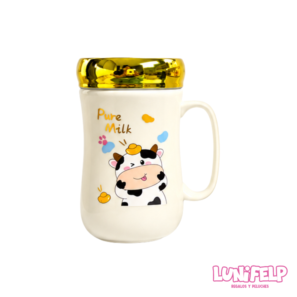 Mug de Vaquita de Cerámica con Tapa Dorada Espejo