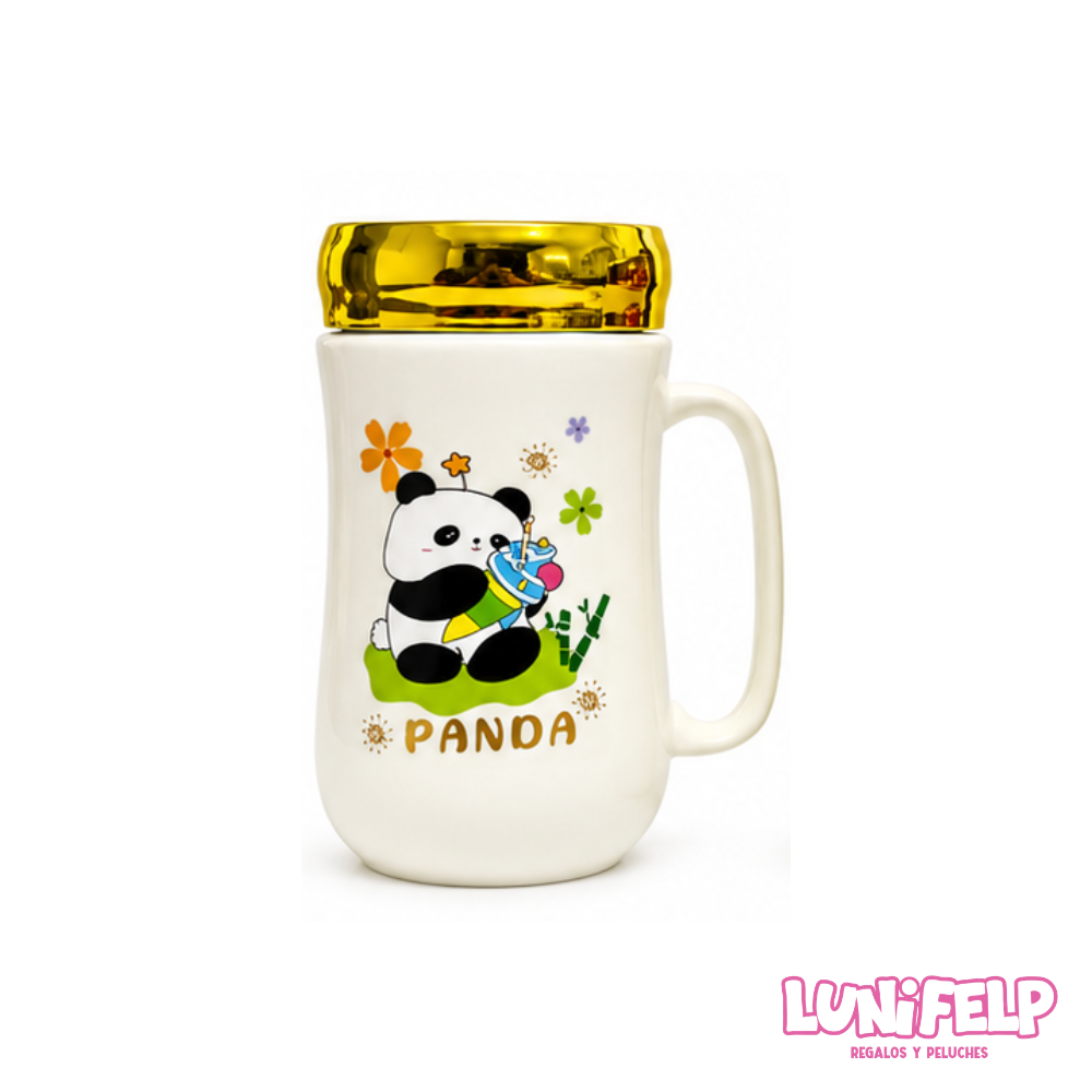 Mug De Cerámica Oso Panda Animado Con Tapa Espejo - Imagen 2