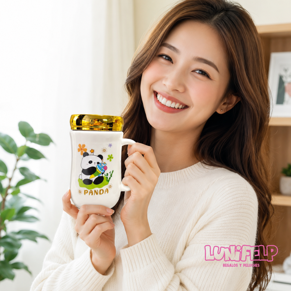 Mug De Cerámica Oso Panda Animado Con Tapa Espejo - Imagen 5