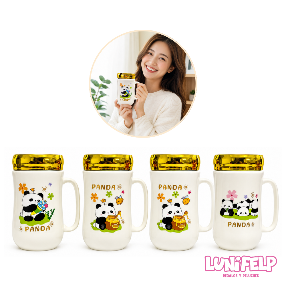 Mug De Cerámica Oso Panda Animado Con Tapa Espejo - Imagen 4