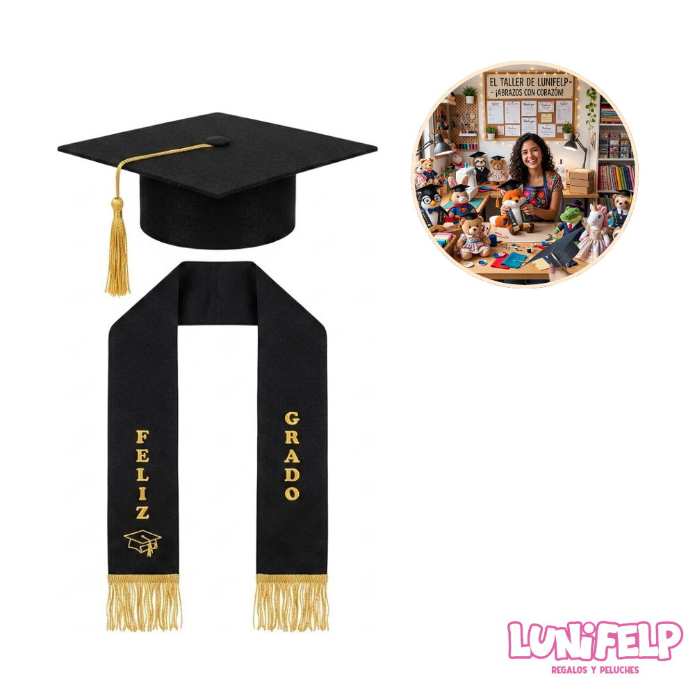 Kit de Graduación para Peluches | Birrete 12x12 cm y Estola 53 cm - Imagen 3