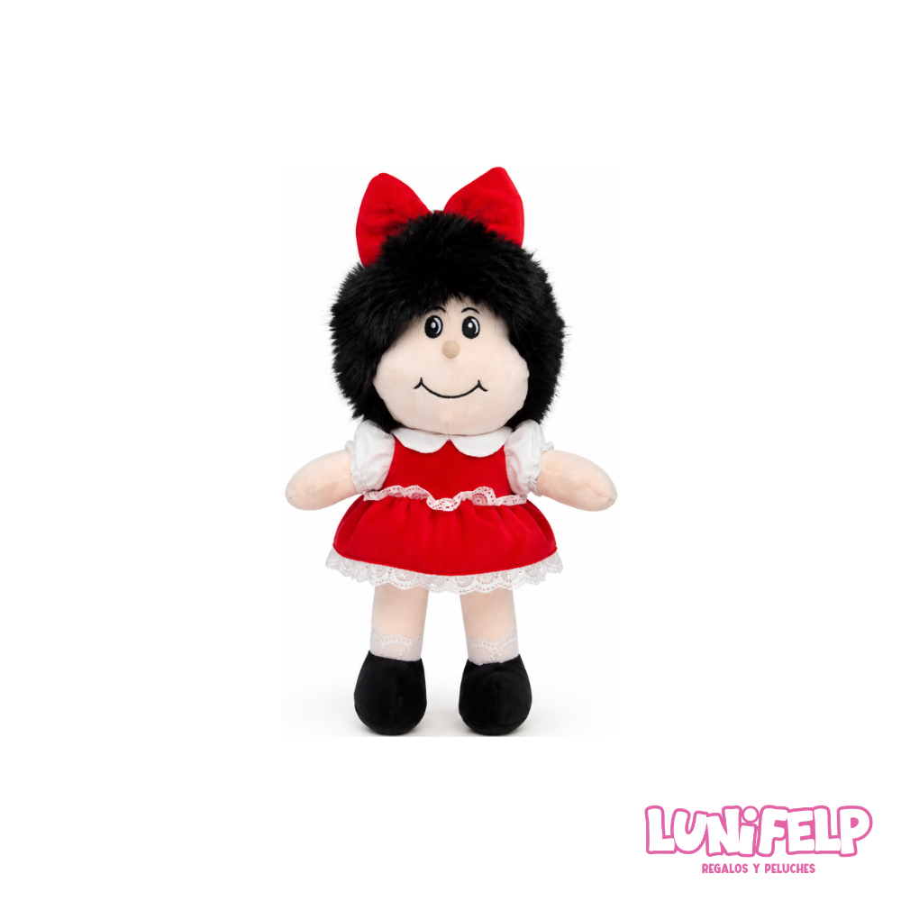 Peluche Mafalda 30 cm - Vestido Rojo con Encaje y Moño